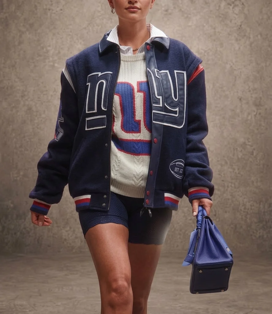 NYFW 2026 Navy Football Varsity Jacket, Oversized Streetwear Bomber Jacket