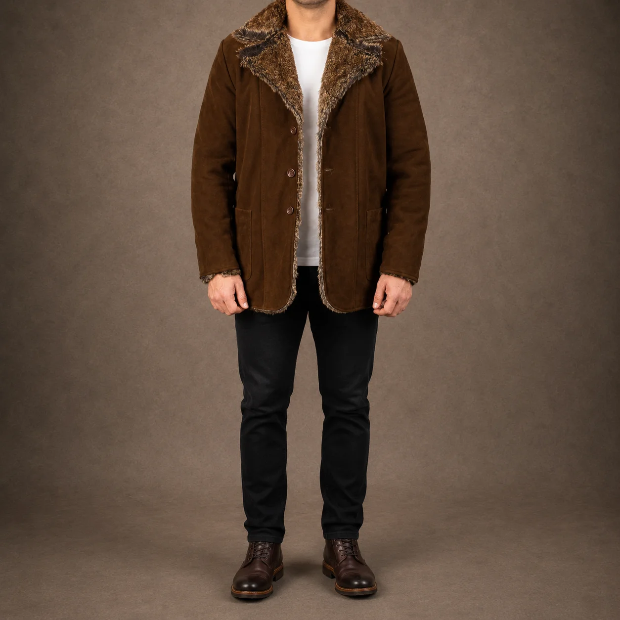 Men's Marlow dark brown suede leather coat with faux fur lining and notch collar