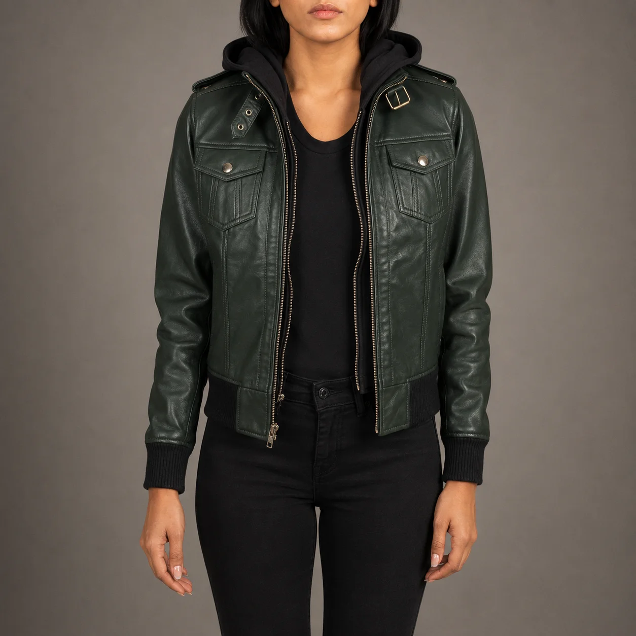 Marlow women’s green hooded sheepskin leather bomber jacket with removable hood and high-neck collar