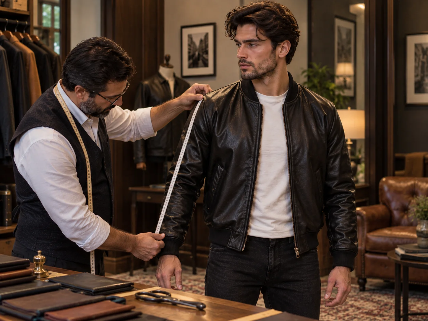 Tailor measuring the shoulder and sleeve fit of a men's black leather bomber jacket