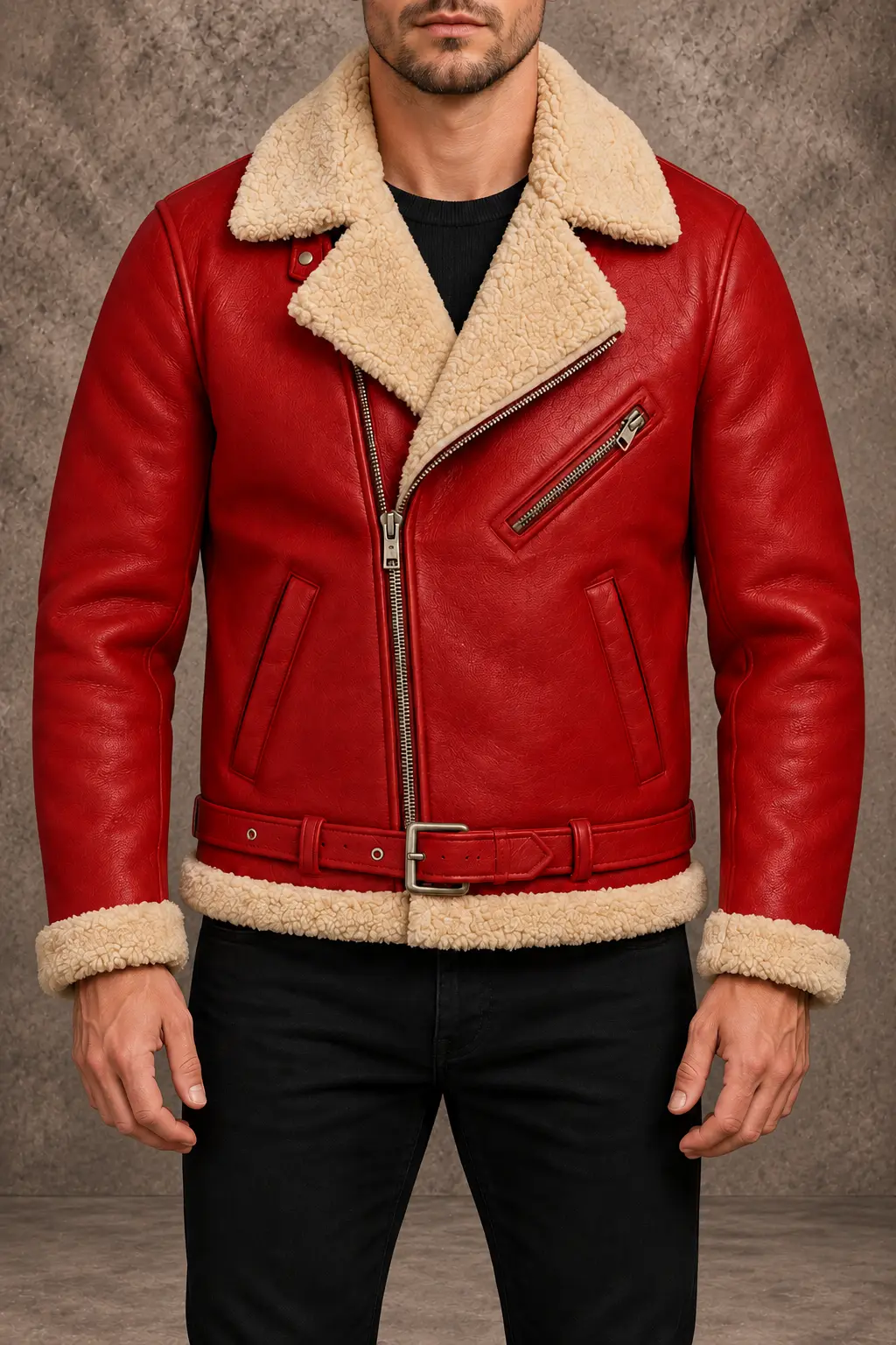 Front view of a man wearing a red leather biker jacket with cream shearling lapels, cuffs and hem, an asymmetric zipper and waist belt.