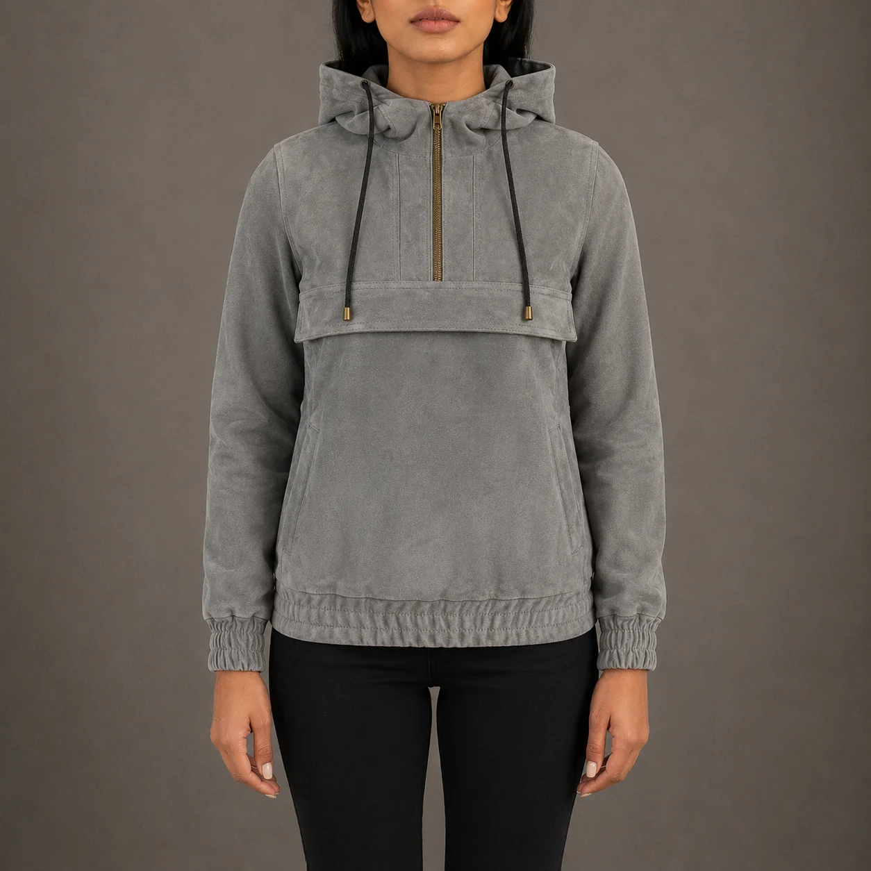 Mistvale Grey Hooded Suede Pullover Jacket