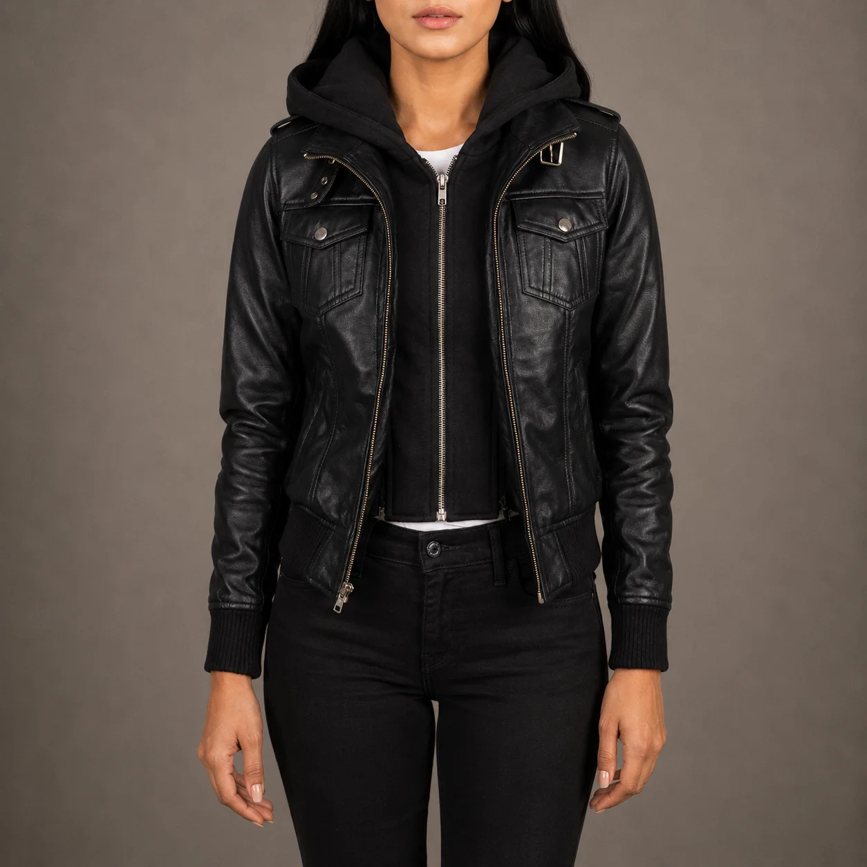 Noircrest Black Hooded Leather Bomber Jacket