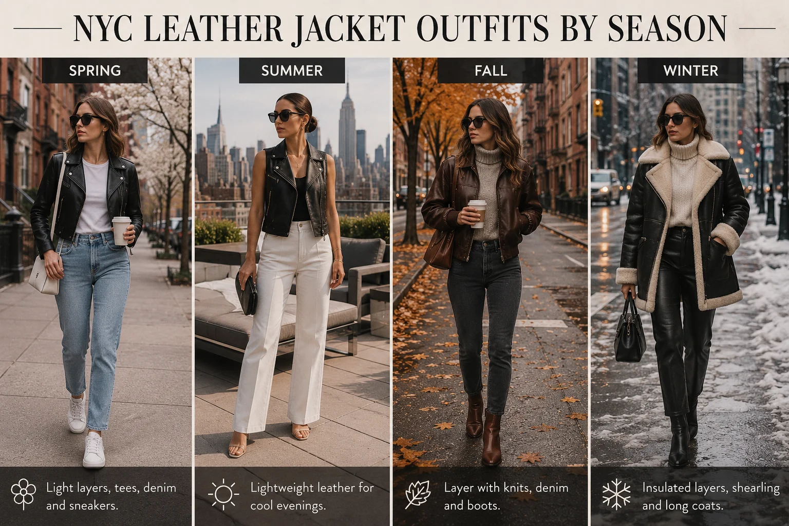 Women&rsquo;s leather jacket outfits in NYC for spring, summer, fall and winter