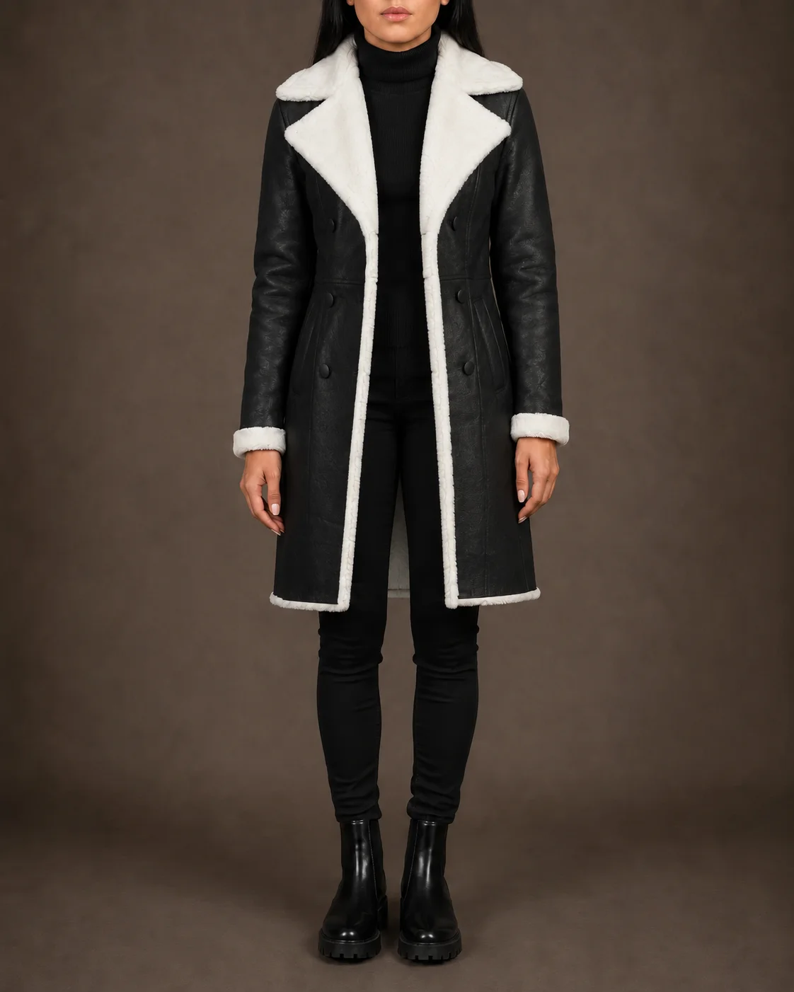 Nyra women's black double breasted sheepskin leather coat with faux fur lining