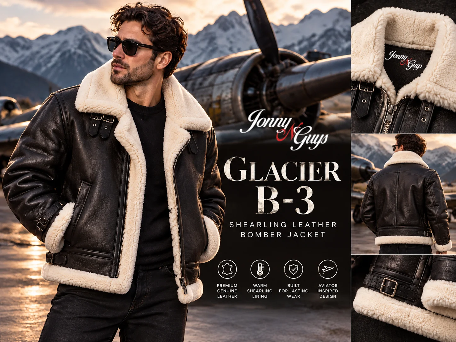 Glacier B-3 black and white shearling leather bomber jacket for men by Jonny N Guys