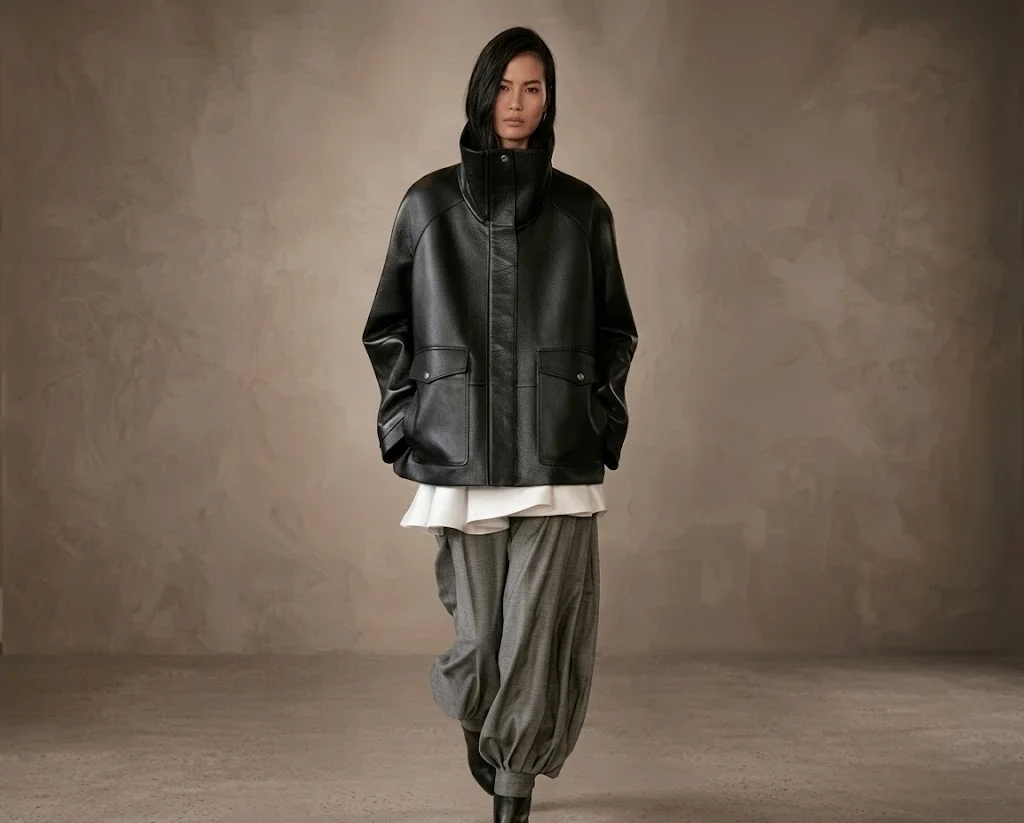 Oversized Funnel-Neck Leather Coat