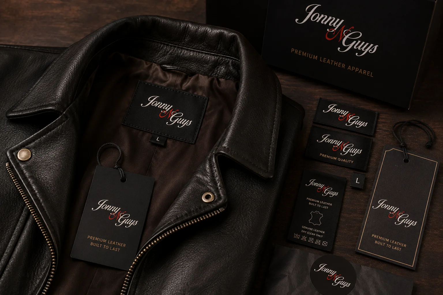 Private label leather jacket with custom neck label and branded packaging