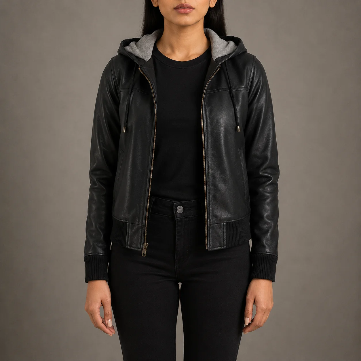 Women's black hooded leather bomber jacket with fleece lining and rib knit cuffs