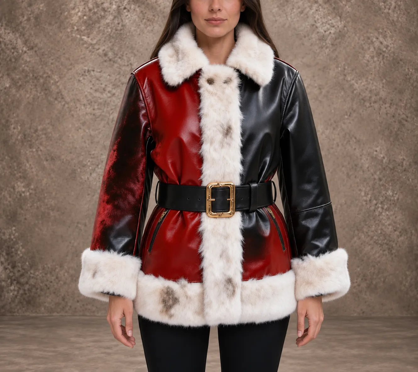 Woman wearing a red-and-black leather Santa coat with off-white fur trim and a wide black belt with a gold-tone buckle.