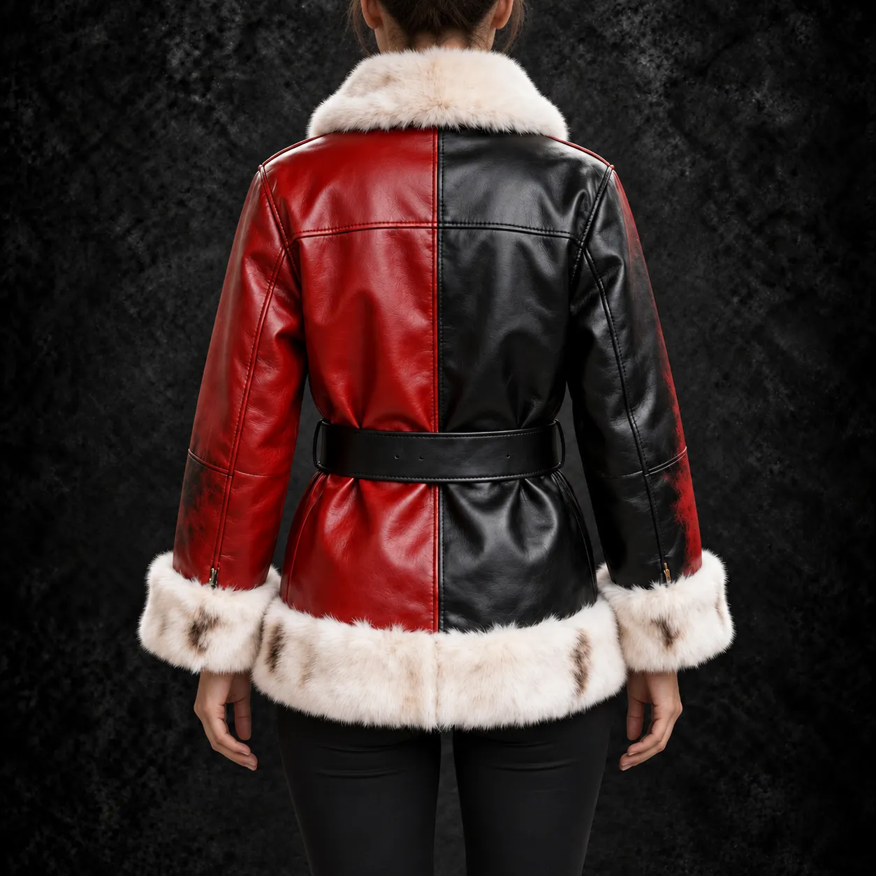 Red & Black Belted Santa Leather Coat alternate