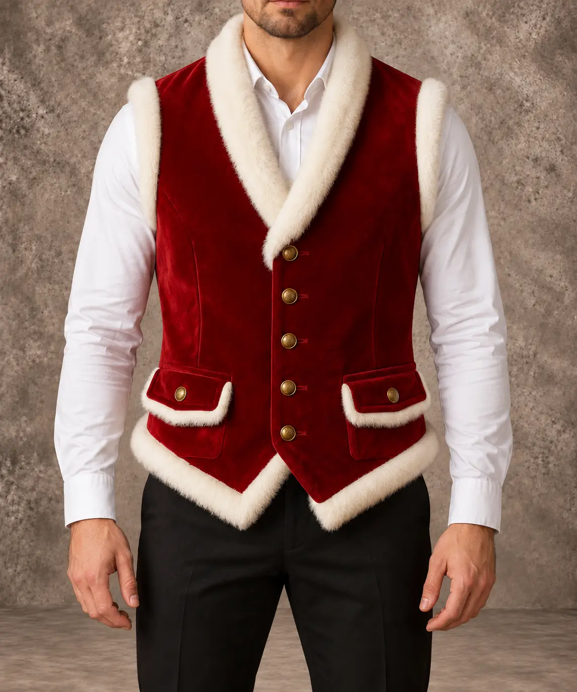 Male model wearing a red velvet Santa vest with cream fur trim, gold-tone buttons and flap pockets over a white shirt.