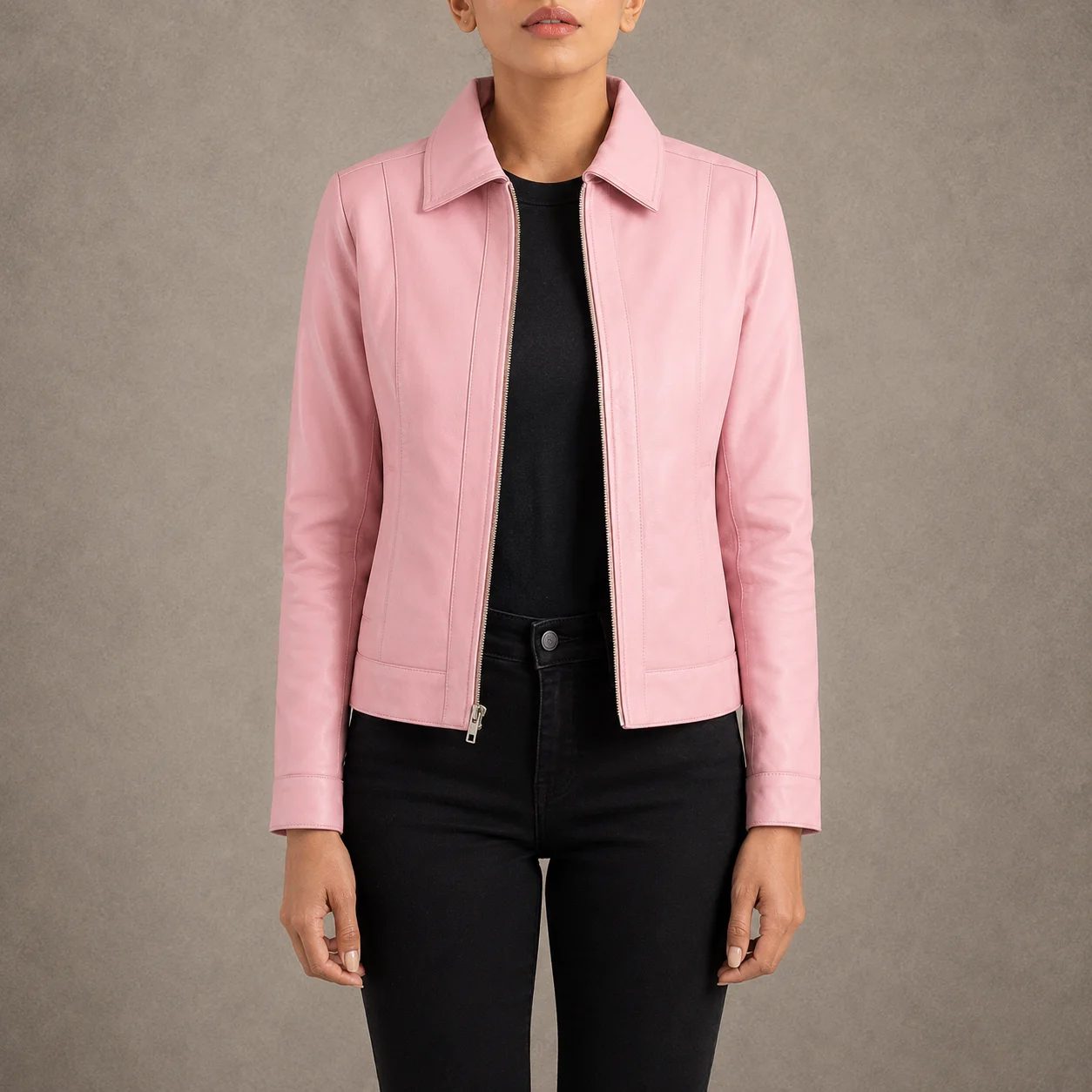 Rosalie women's pink real leather jacket with classic shirt collar and front zipper