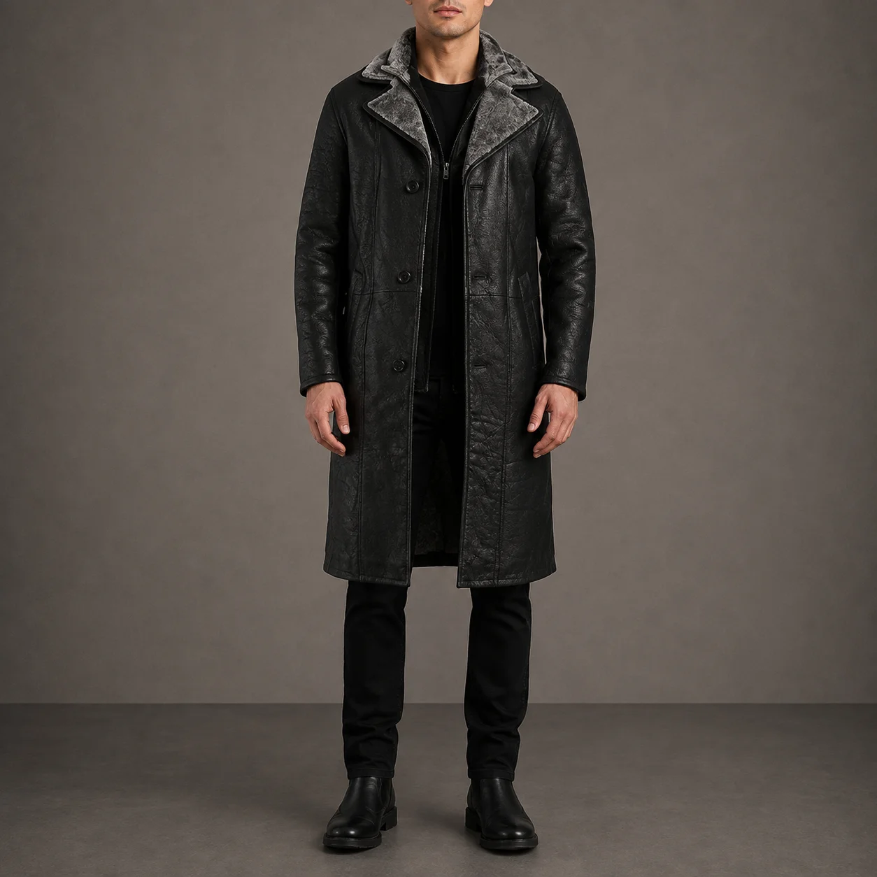 Rowan men's distressed black leather shearling coat with faux fur lining and notch collar