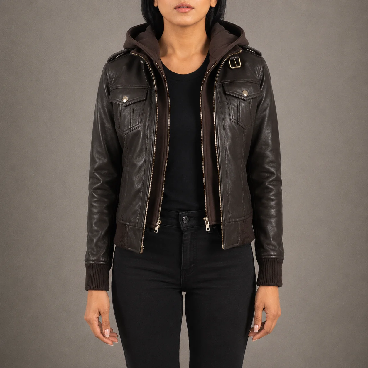 Rowan women’s brown genuine sheepskin hooded leather bomber jacket with removable hood and high-neck collar