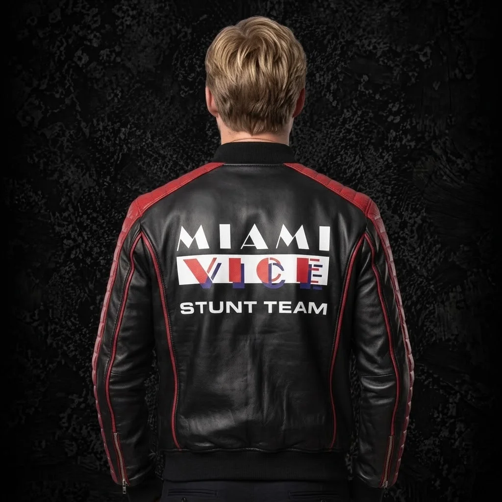 Back view of The Fall Guy Miami Vice Stunt Team Jacket with Miami Vice graphic