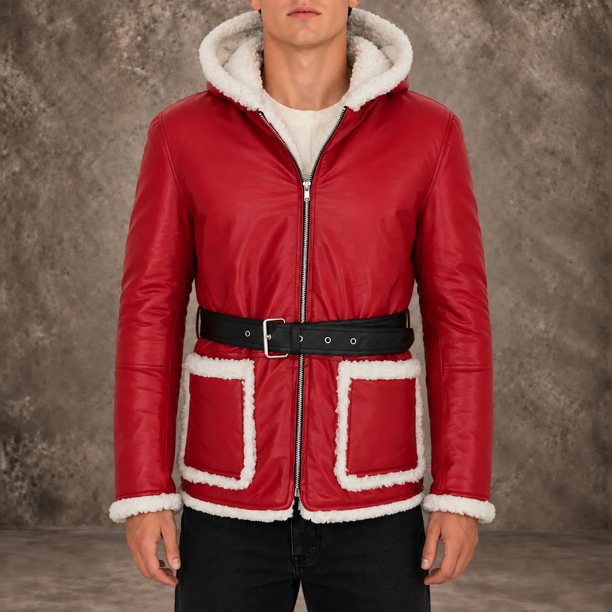 Man wearing a red hooded leather Santa jacket with off-white sherpa trim, two patch pockets and a black belt with a silver-tone buckle.