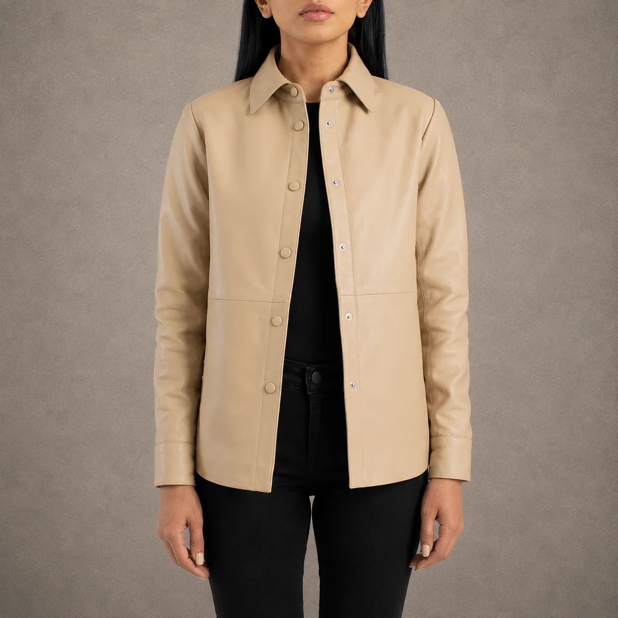 Seraphina women’s beige genuine sheepskin leather shirt jacket with classic collar and button closure