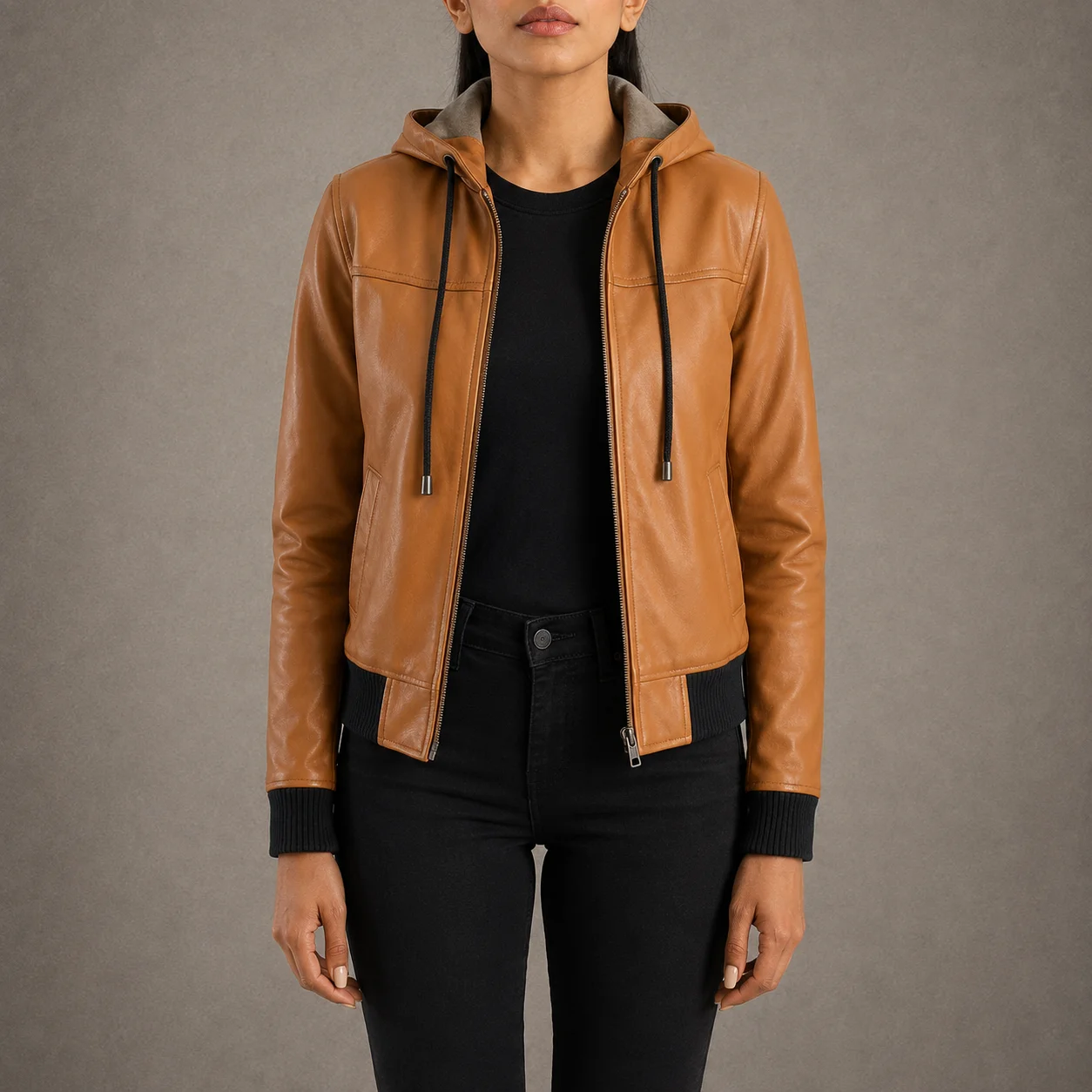 Sierra women’s brown genuine sheepskin hooded leather bomber jacket with fleece lining and rib-knit cuffs
