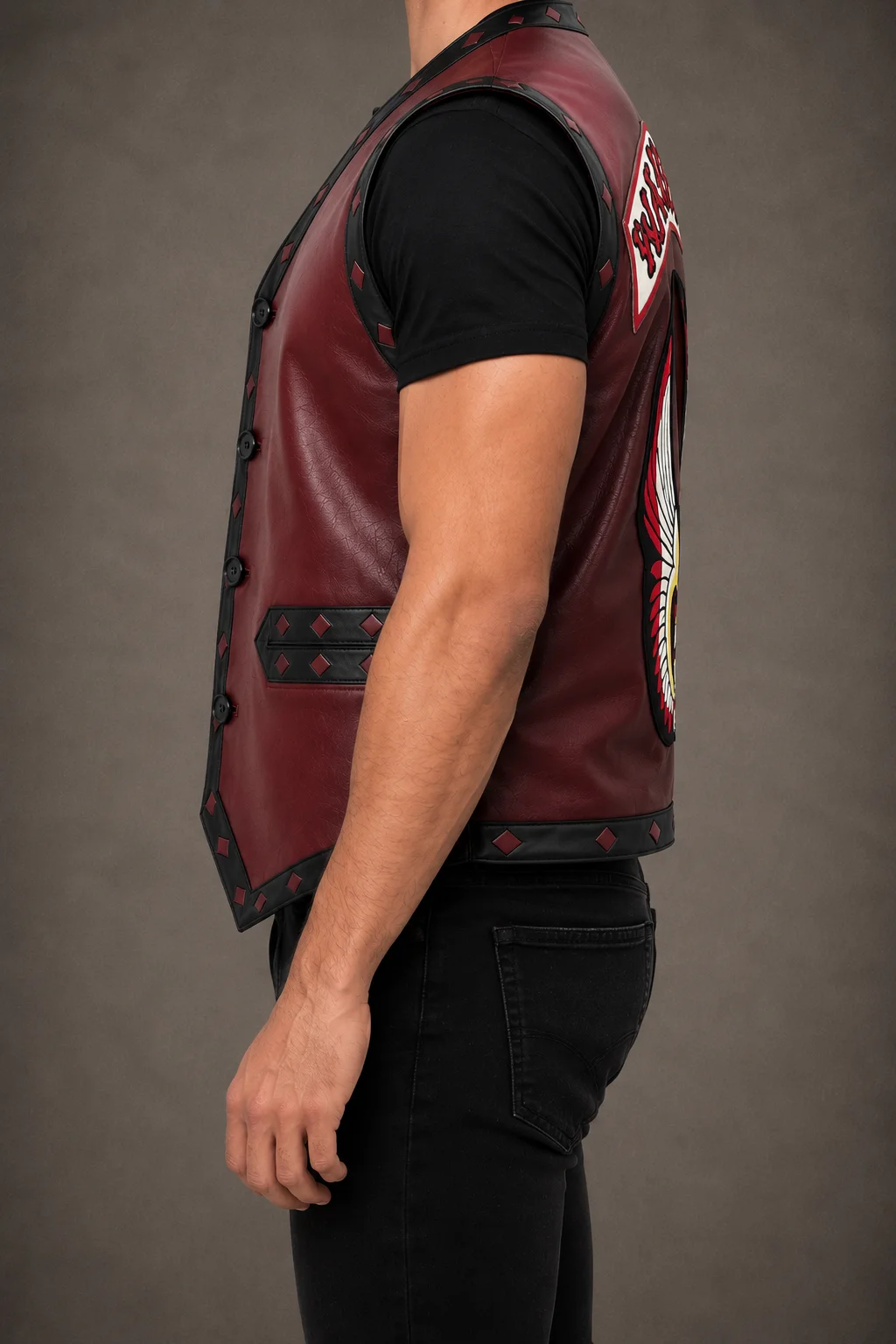 The Warriors Leather Vest side view showing leather trim and detailing