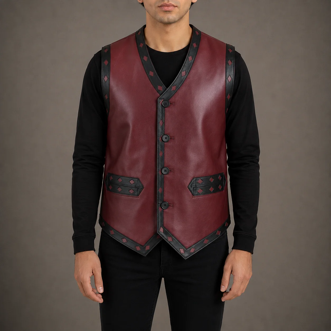 The Warriors Leather Vest for men front view in maroon and black