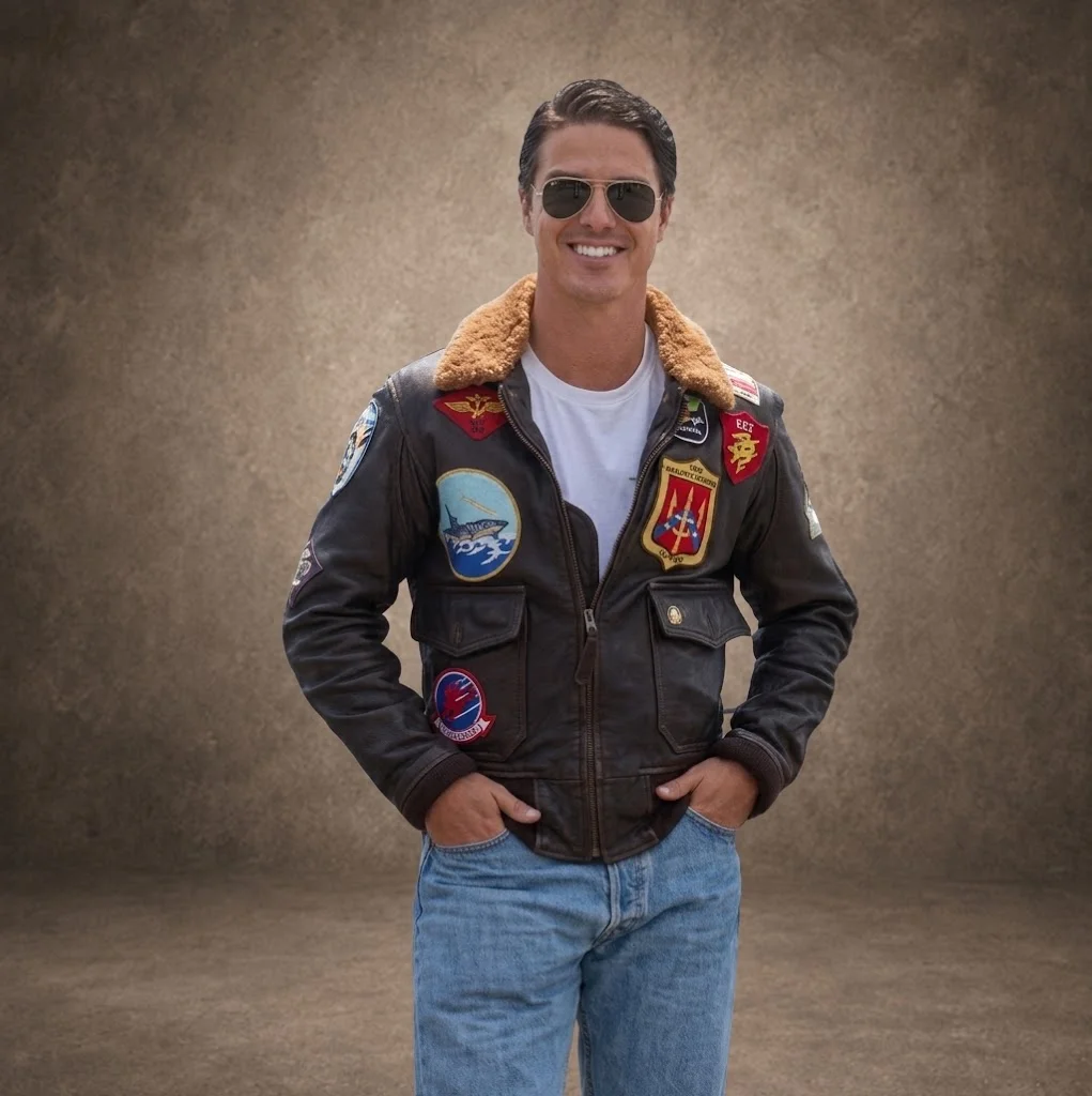 Tom Cruise Top Gun Maverick brown G-1 leather flight jacket with aviation patches