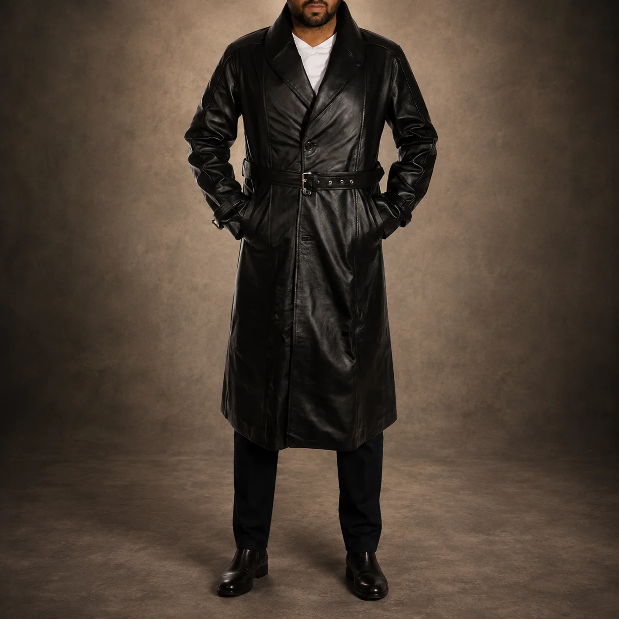 Valen Black Leather Trench Coat