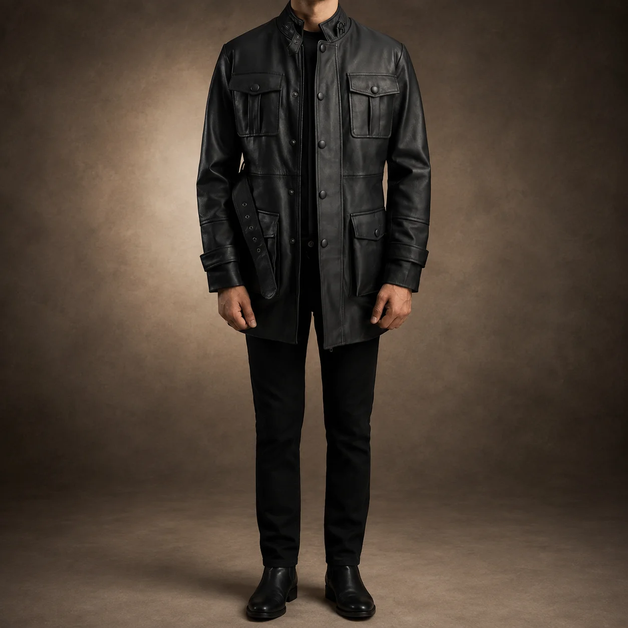 Men's Varden black cowhide leather field jacket with high neck belt collar and utility pockets