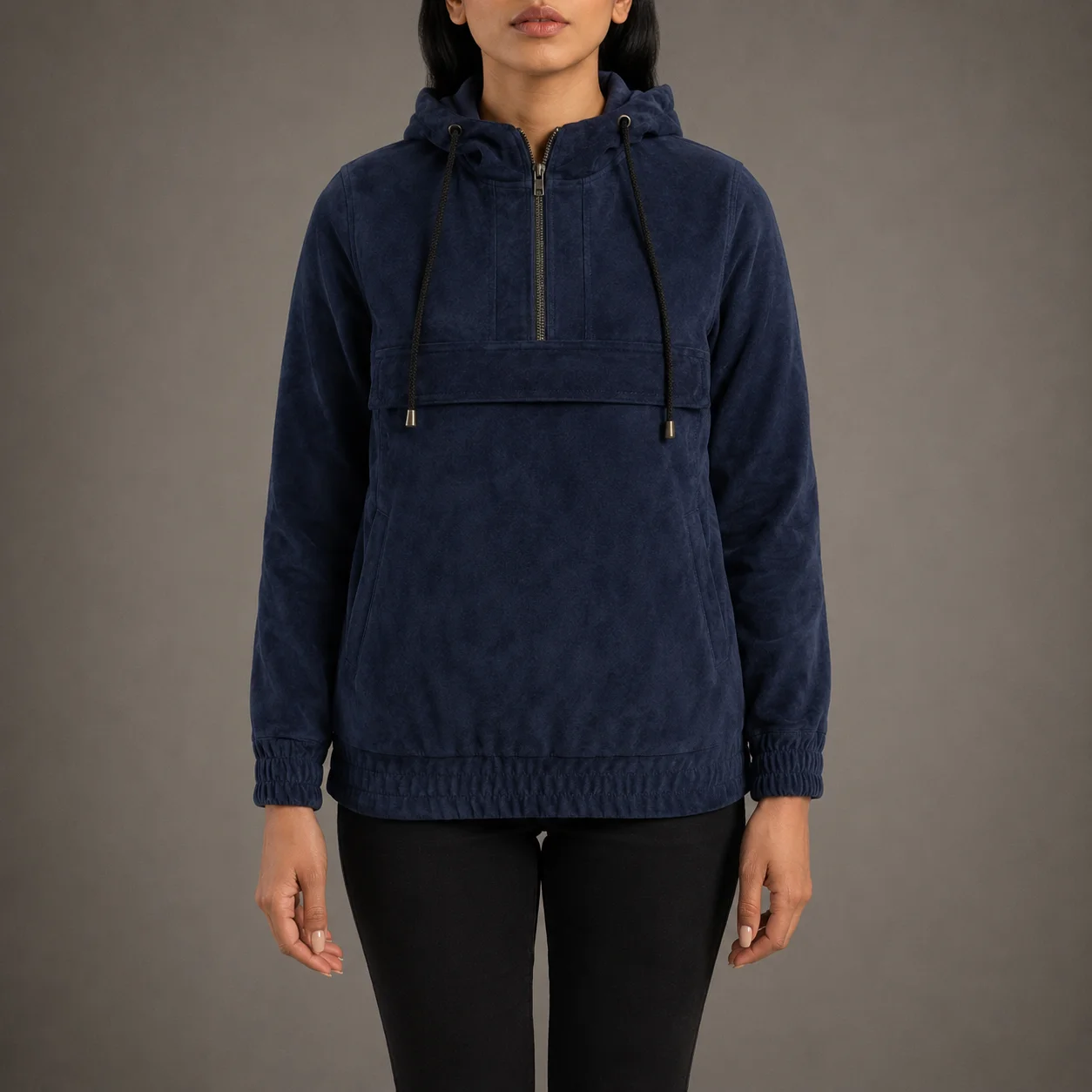 Velora Blue Hooded Suede Pullover Jacket