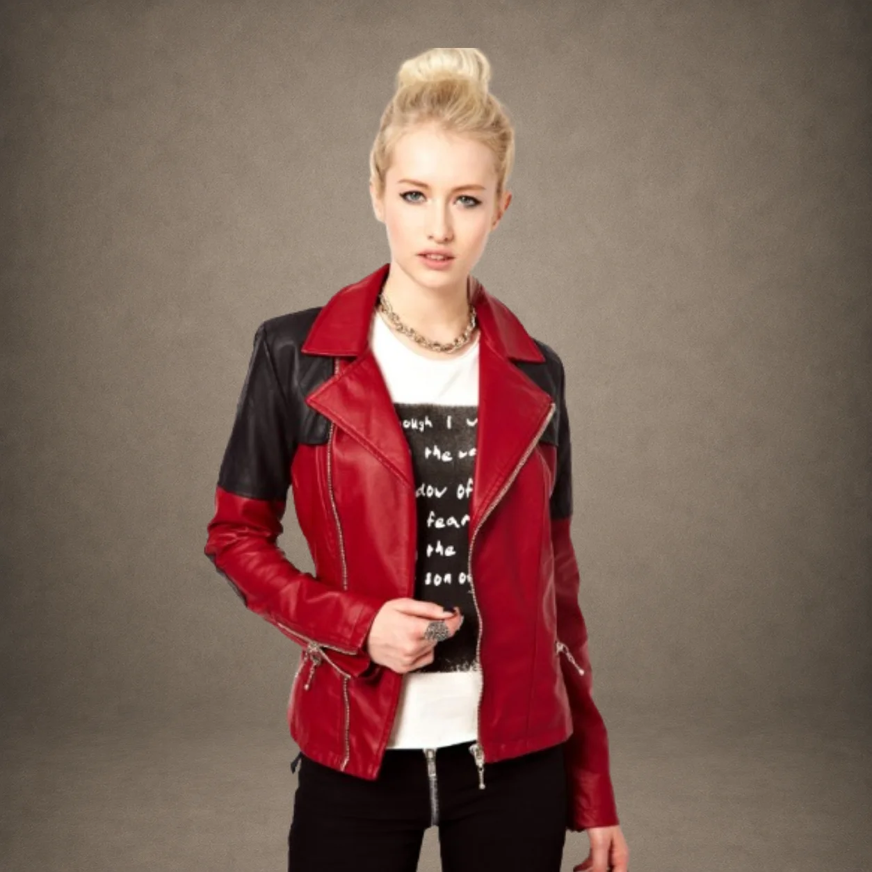 Women's red and black leather biker jacket with asymmetric zipper and contrast panels