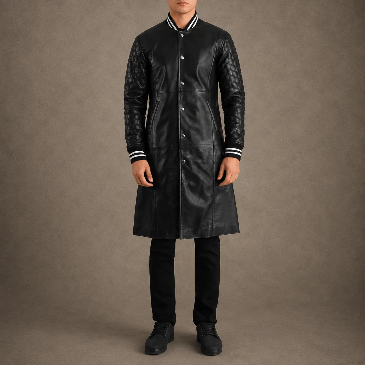 Men's Westbrook black leather varsity coat with snap button front and rib knit collar