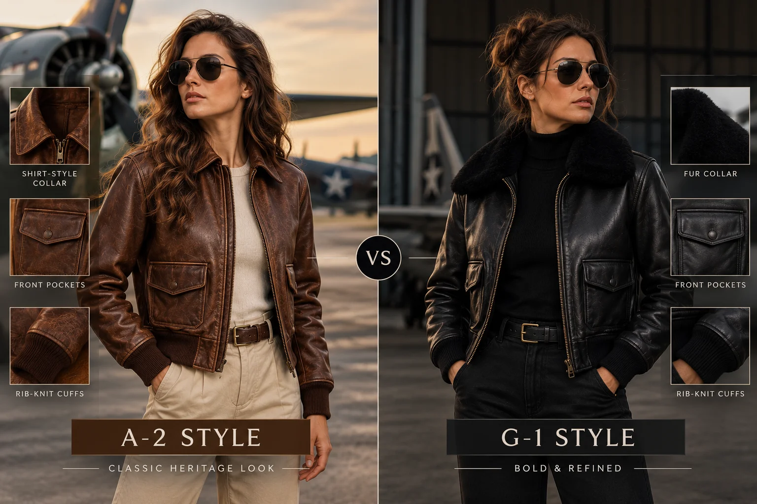 Women's A-2 brown leather aviator jacket vs black G-1 aviator jacket
