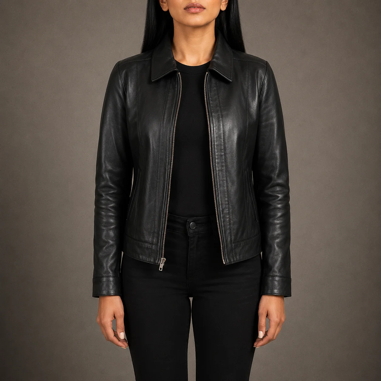 Women's black genuine sheepskin leather jacket with classic shirt collar and front zipper