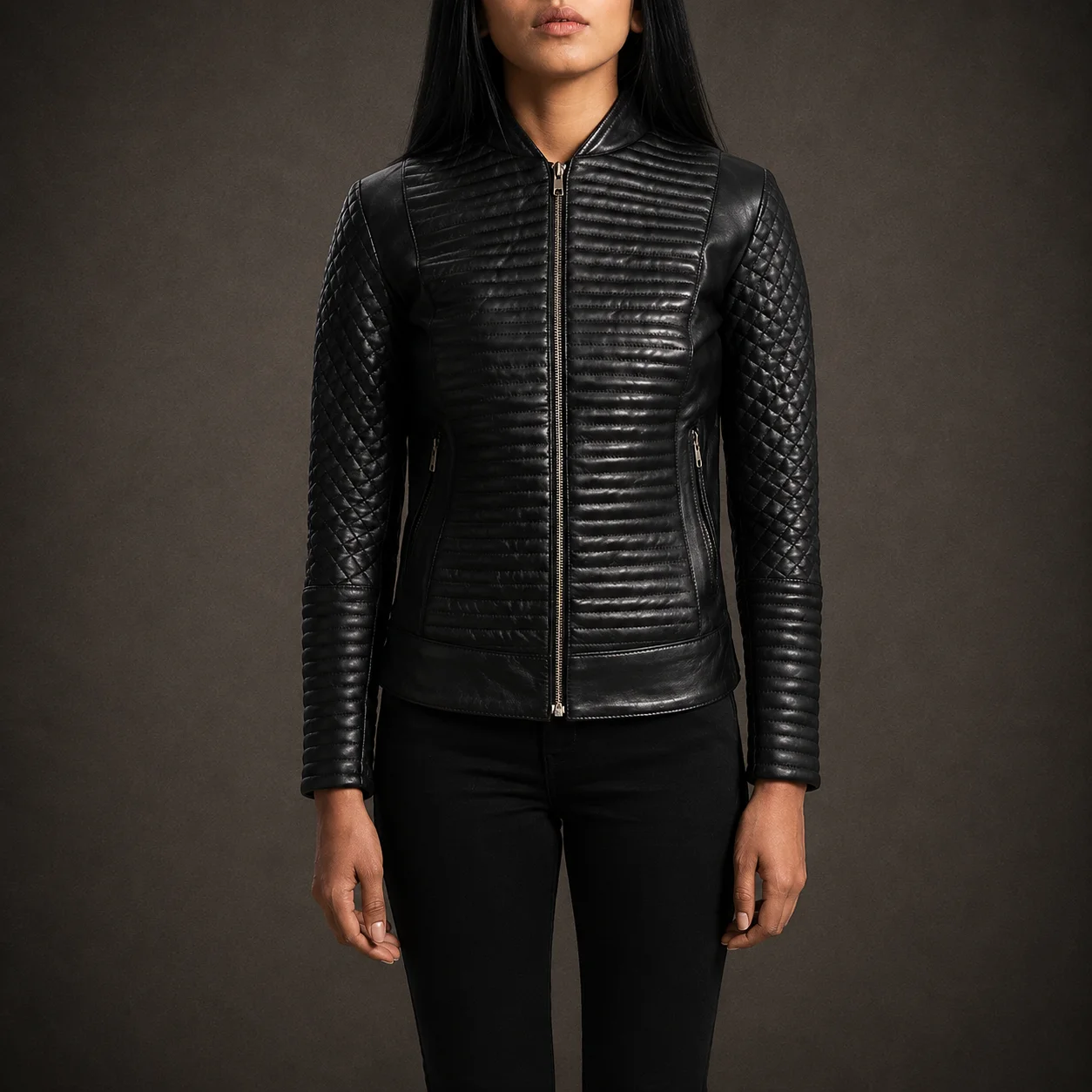 Women's black genuine sheepskin leather biker jacket with varsity collar and zipper cuffs