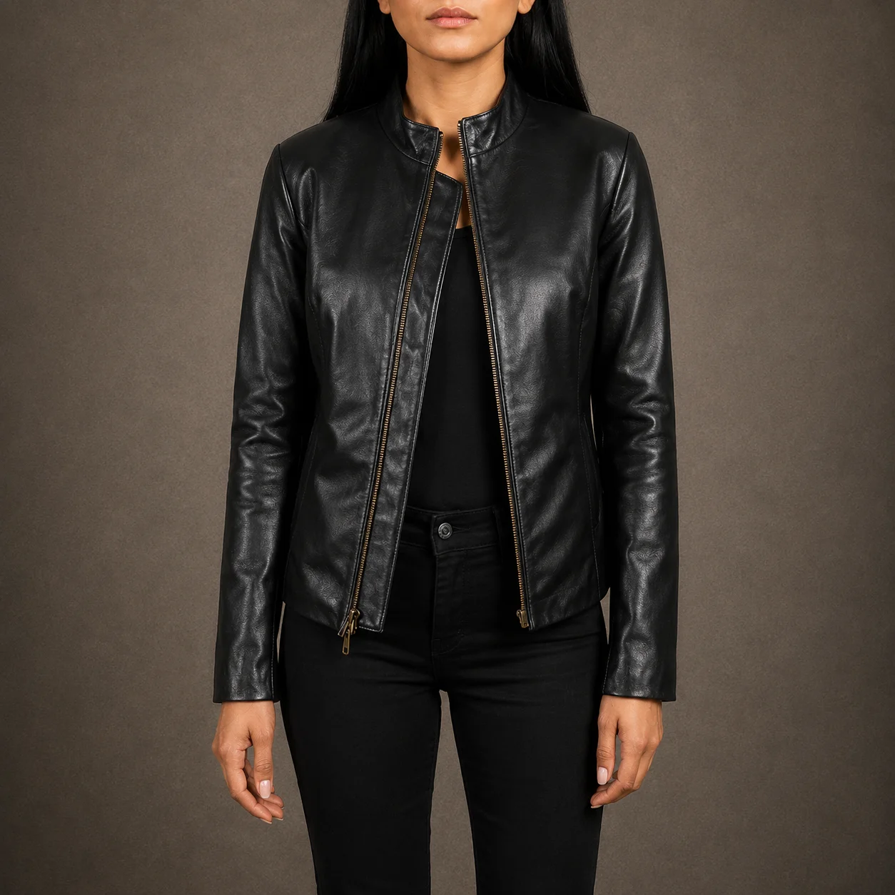 Women's black genuine sheepskin leather biker jacket with Mandarin collar and zip cuffs