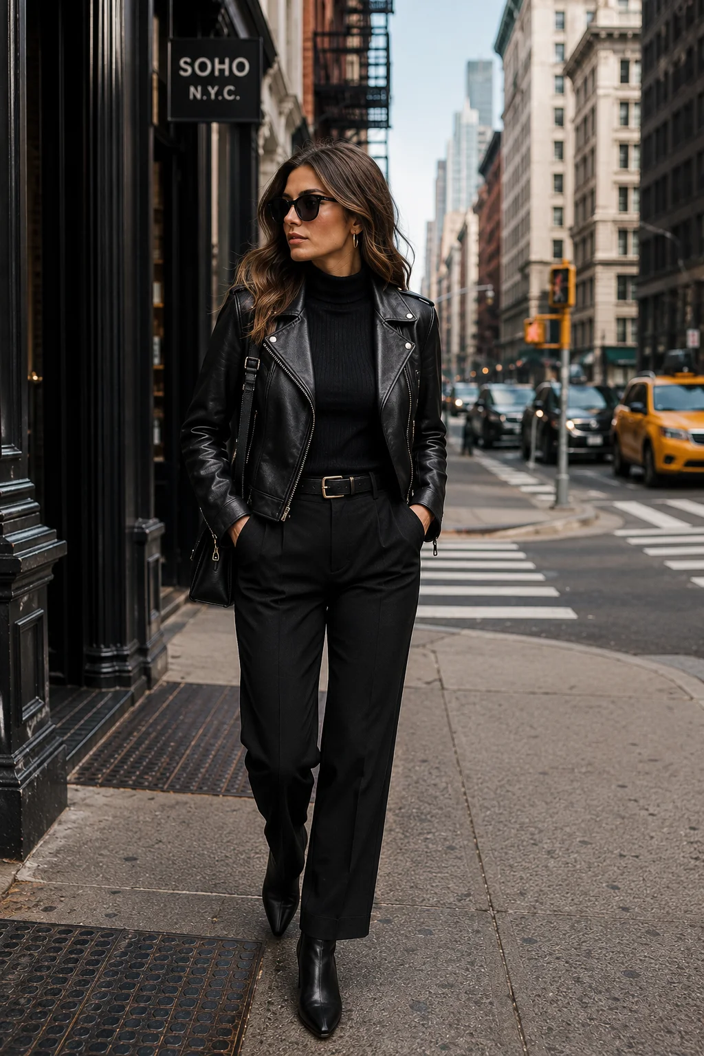 Woman wearing a black leather jacket with tailored trousers and boots on a New York City street