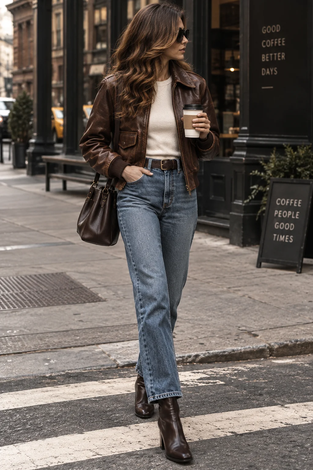 Woman styling a brown leather aviator jacket with jeans and boots