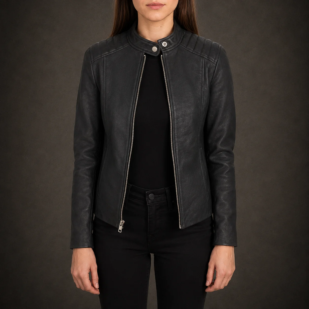Women's distressed black genuine sheepskin leather biker jacket with quilted shoulders and zipper cuffs