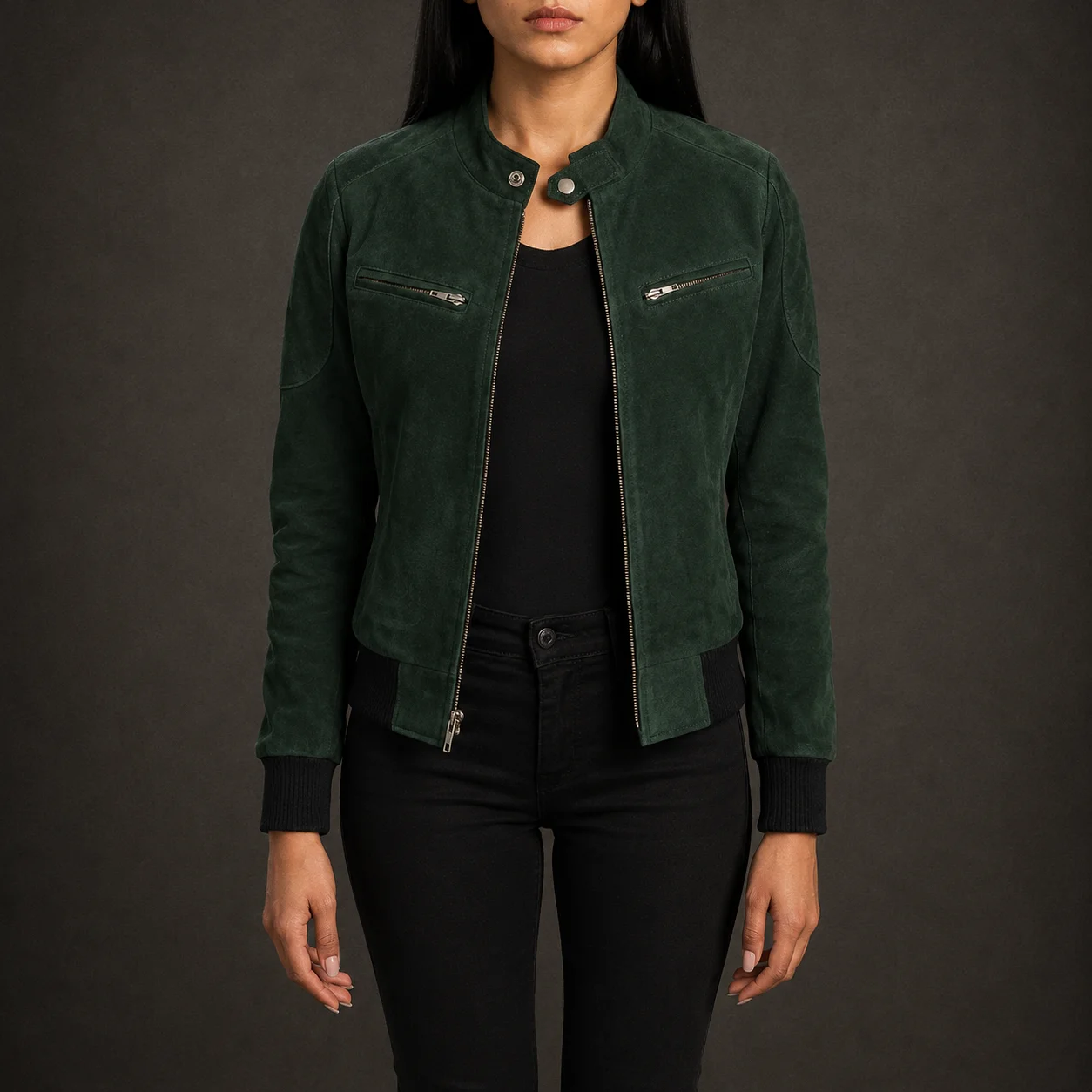Women's green genuine goatskin suede bomber jacket with band collar and rib knit cuffs