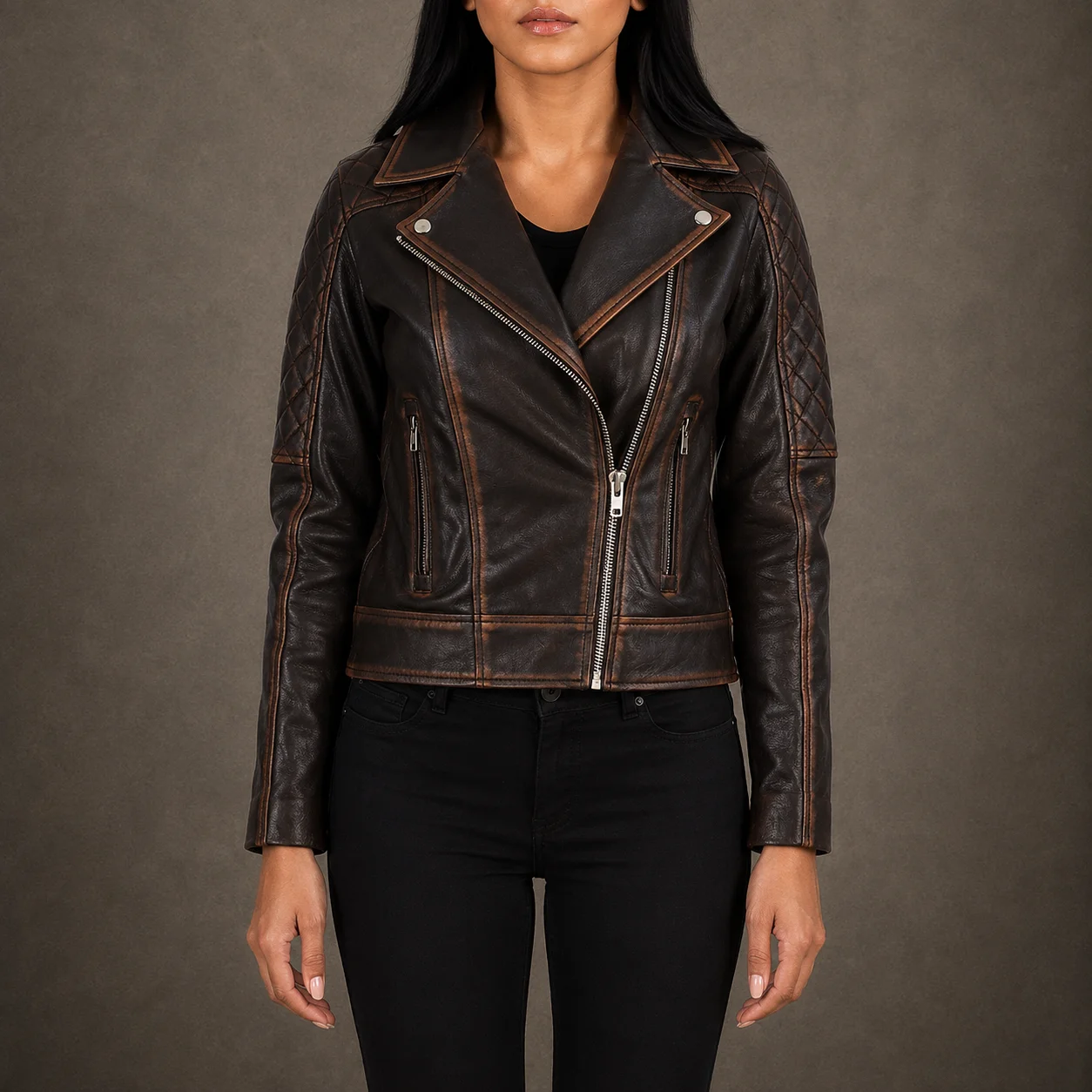 Women’s Harper vintage brown quilted genuine goatskin leather biker jacket with notch collar and zip cuffs
