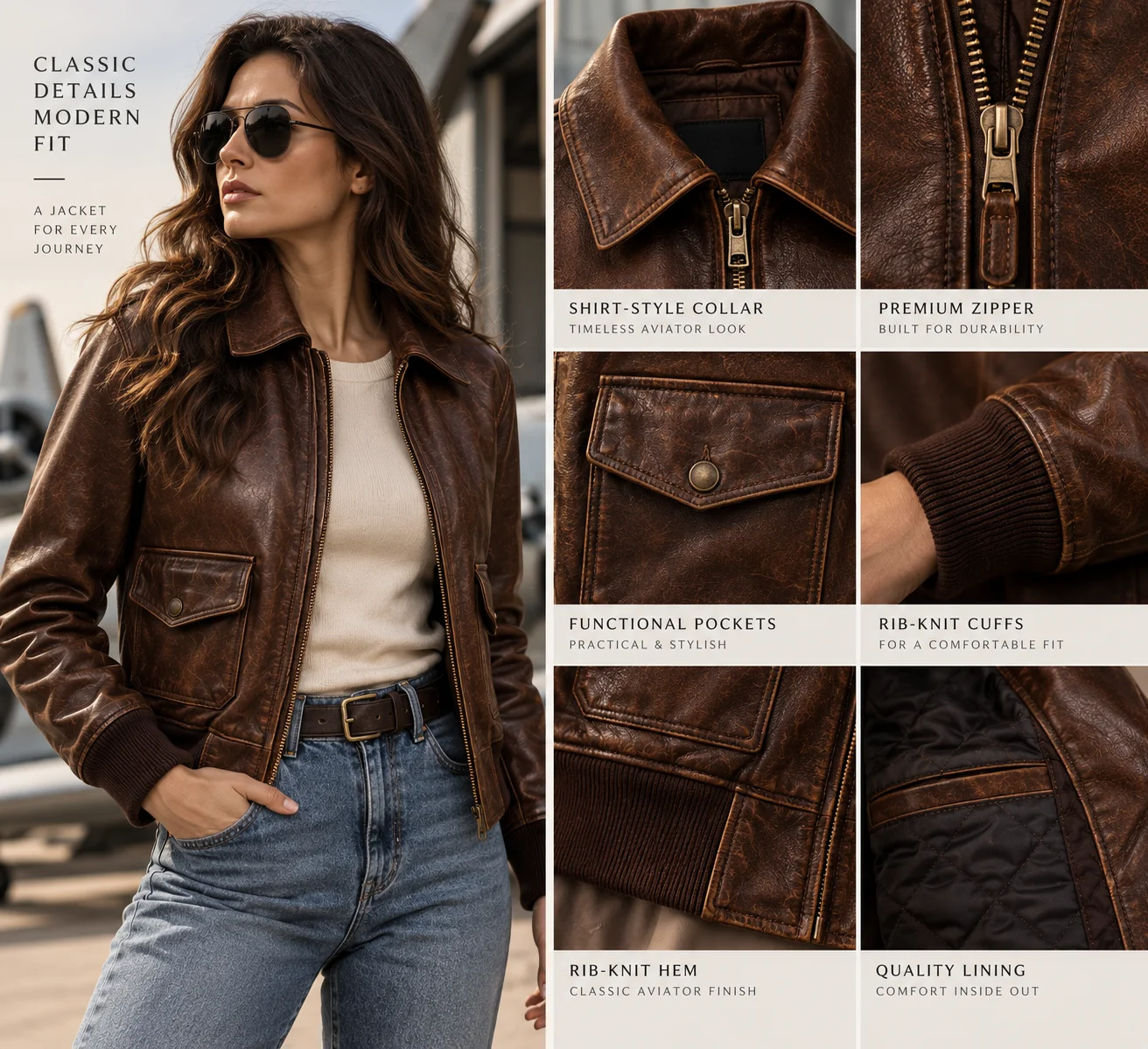 Women's brown leather aviator jacket showing collar, zipper, pockets, rib-knit cuffs and hem