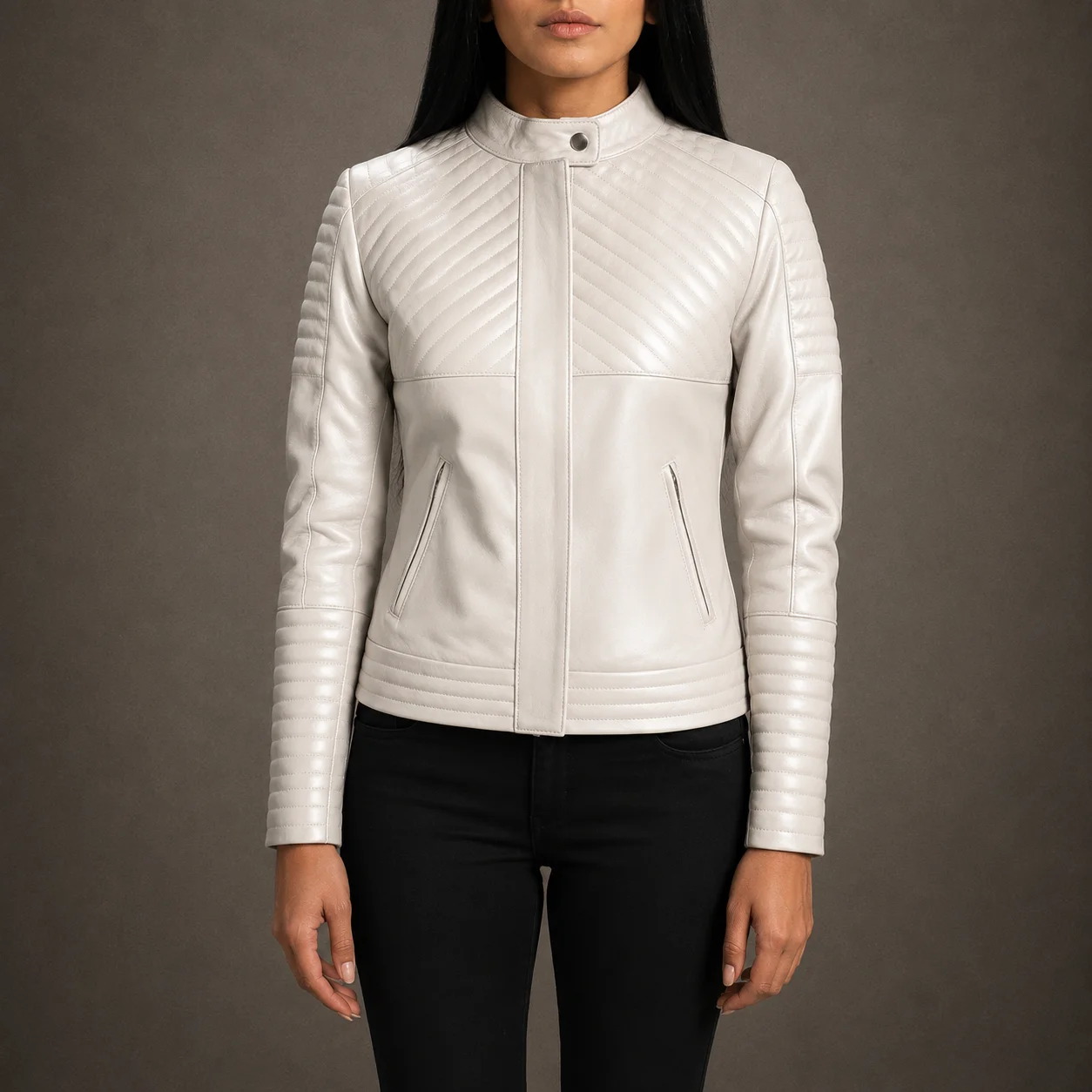 Women’s Lunara silver genuine sheepskin quilted leather biker jacket with band collar and zip cuffs