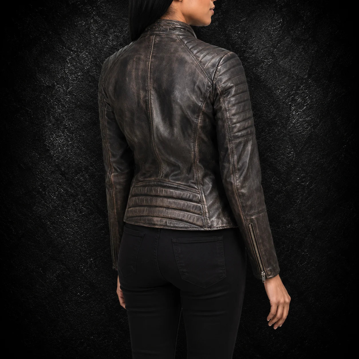 Marlowe Distressed Brown Quilted Leather Biker Jacket alternate