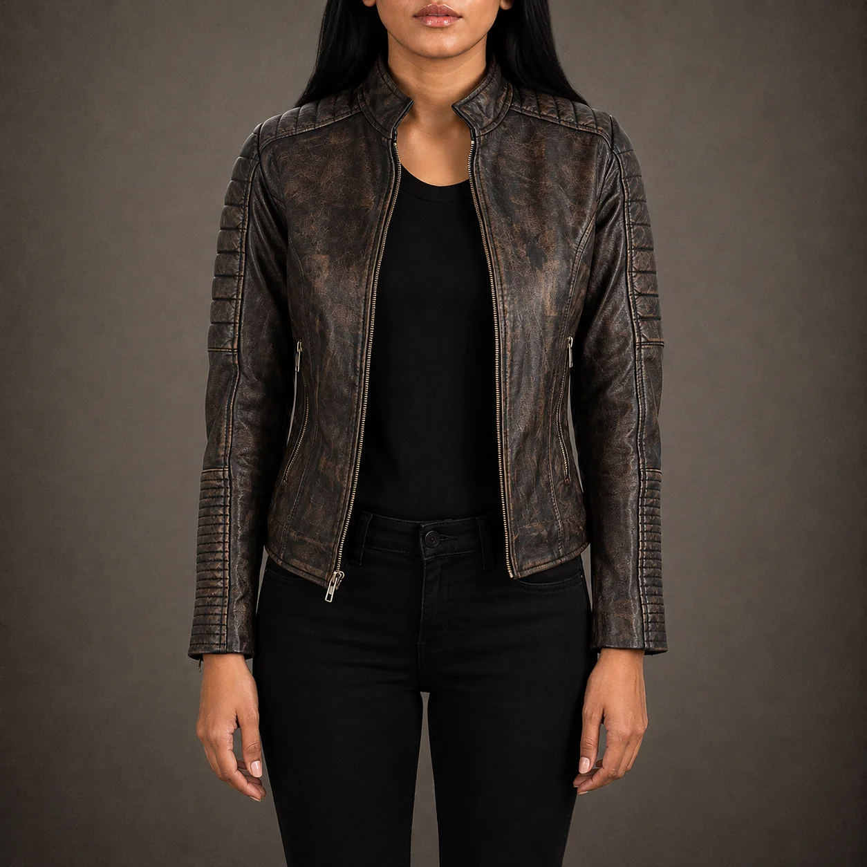 Women’s Marlowe distressed brown quilted goatskin leather biker jacket with band collar and zip cuffs