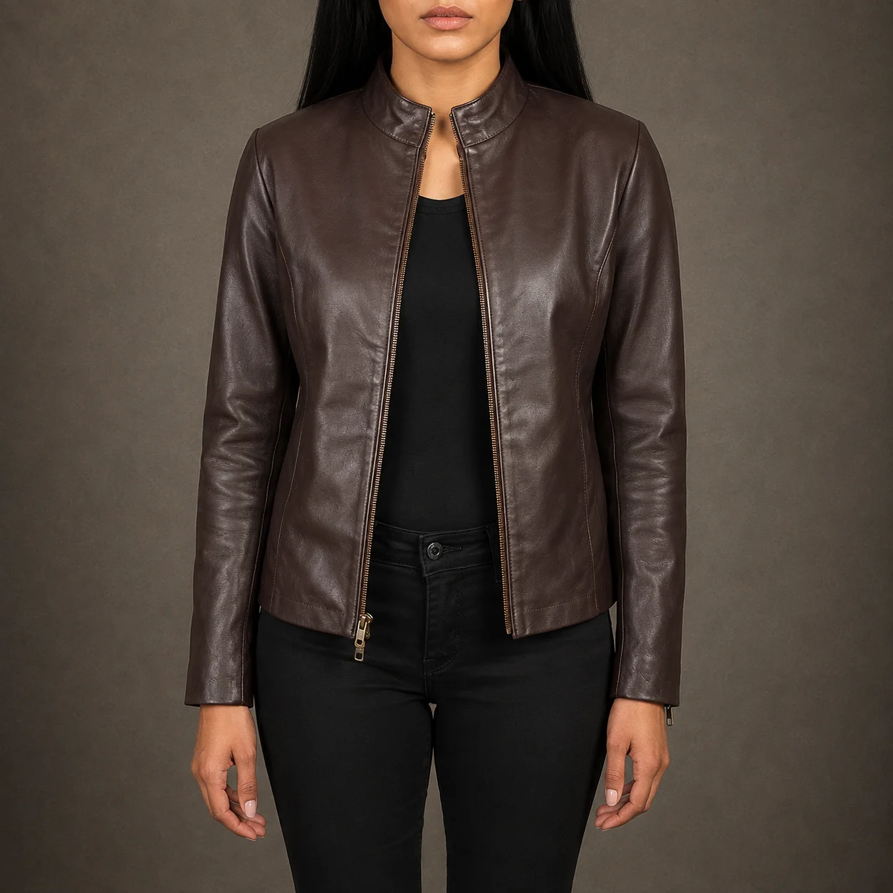 Women's maroon genuine sheepskin leather biker jacket with Mandarin collar and zip cuffs