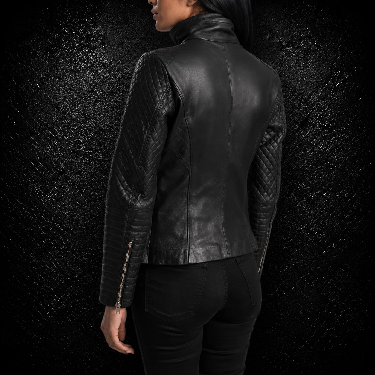 Nyra Metallic Black Leather Biker Jacket alternate