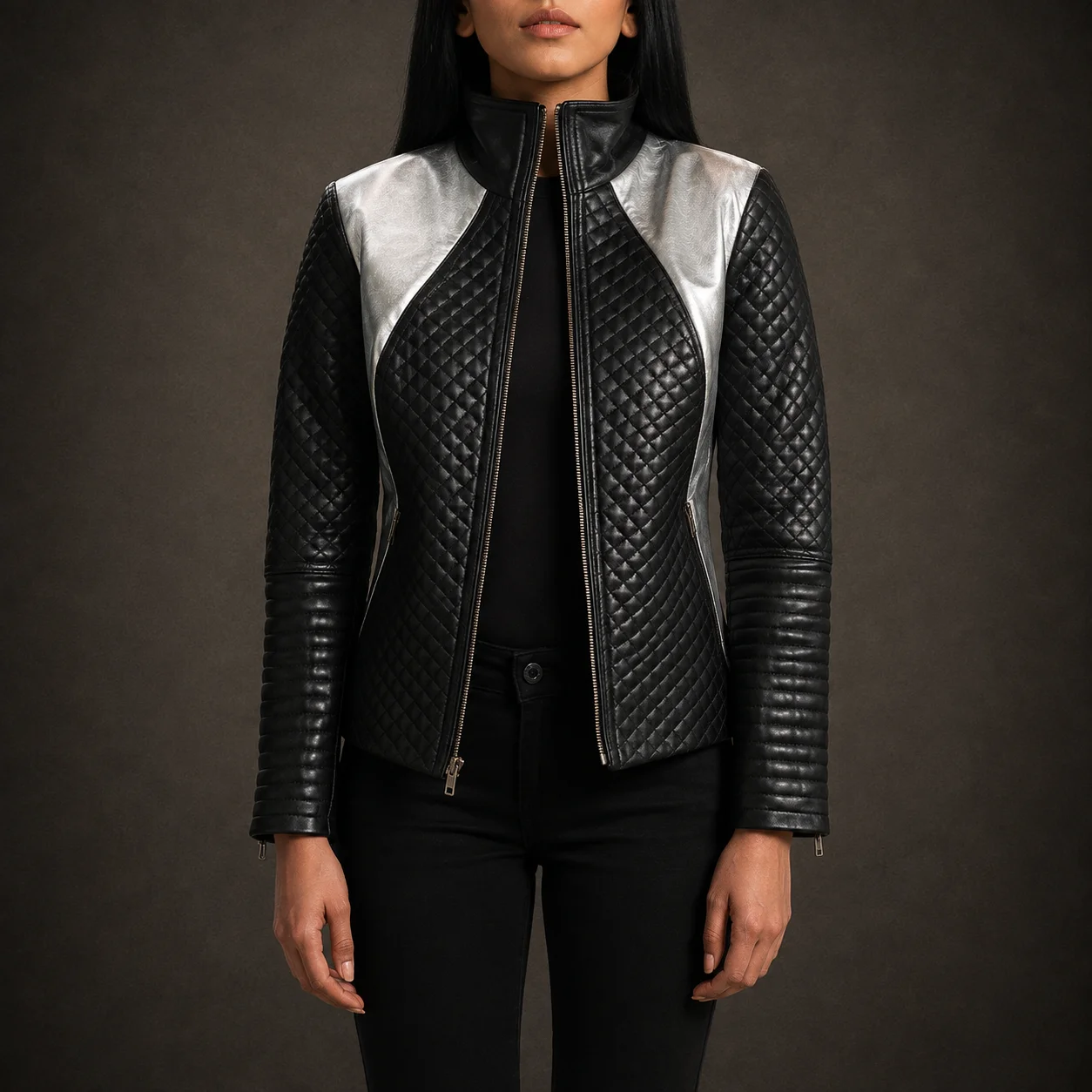 Women's metallic black genuine sheepskin leather biker jacket with high neck and zipper cuffs