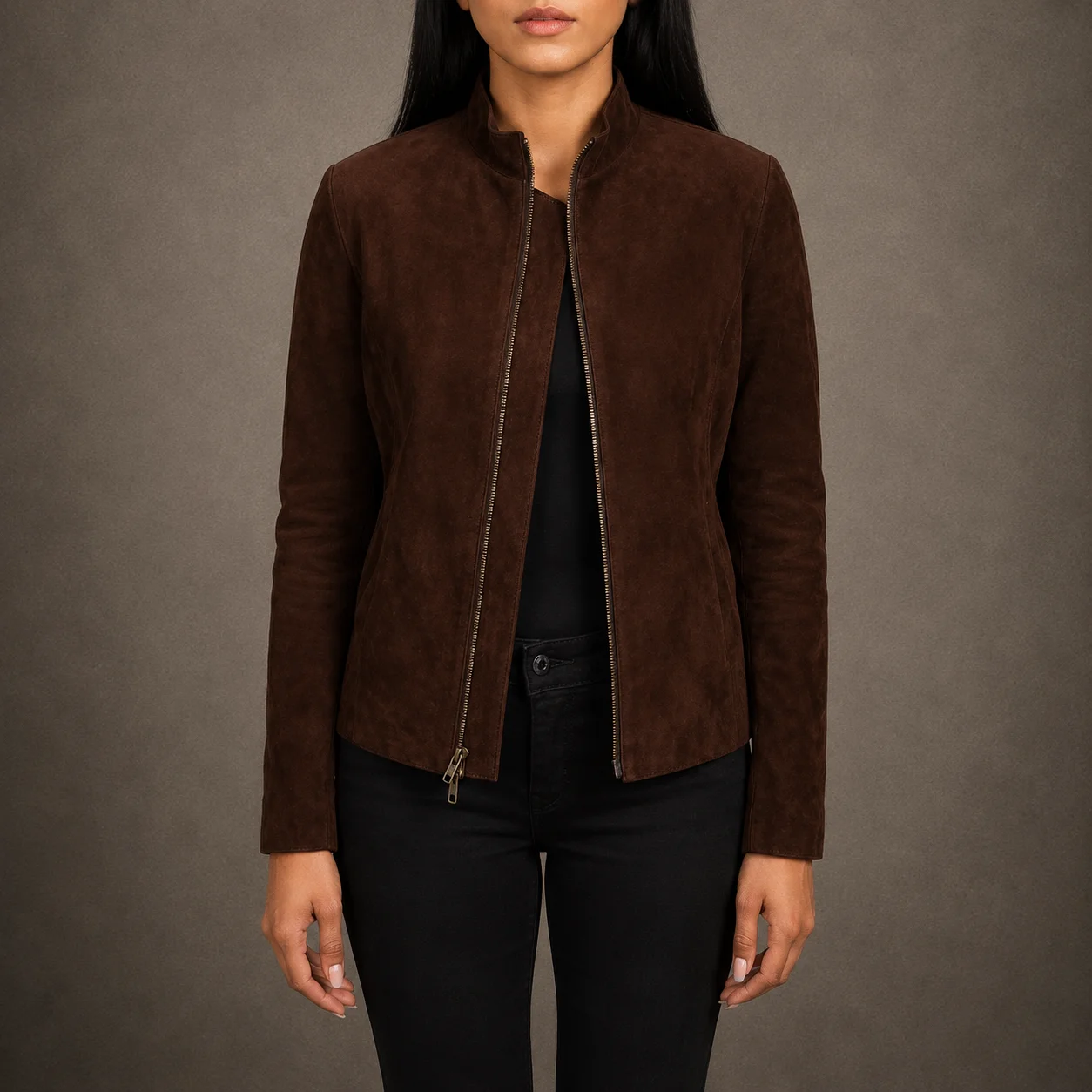 Women's mocha suede biker jacket in genuine goatskin leather with Mandarin collar and zip cuffs