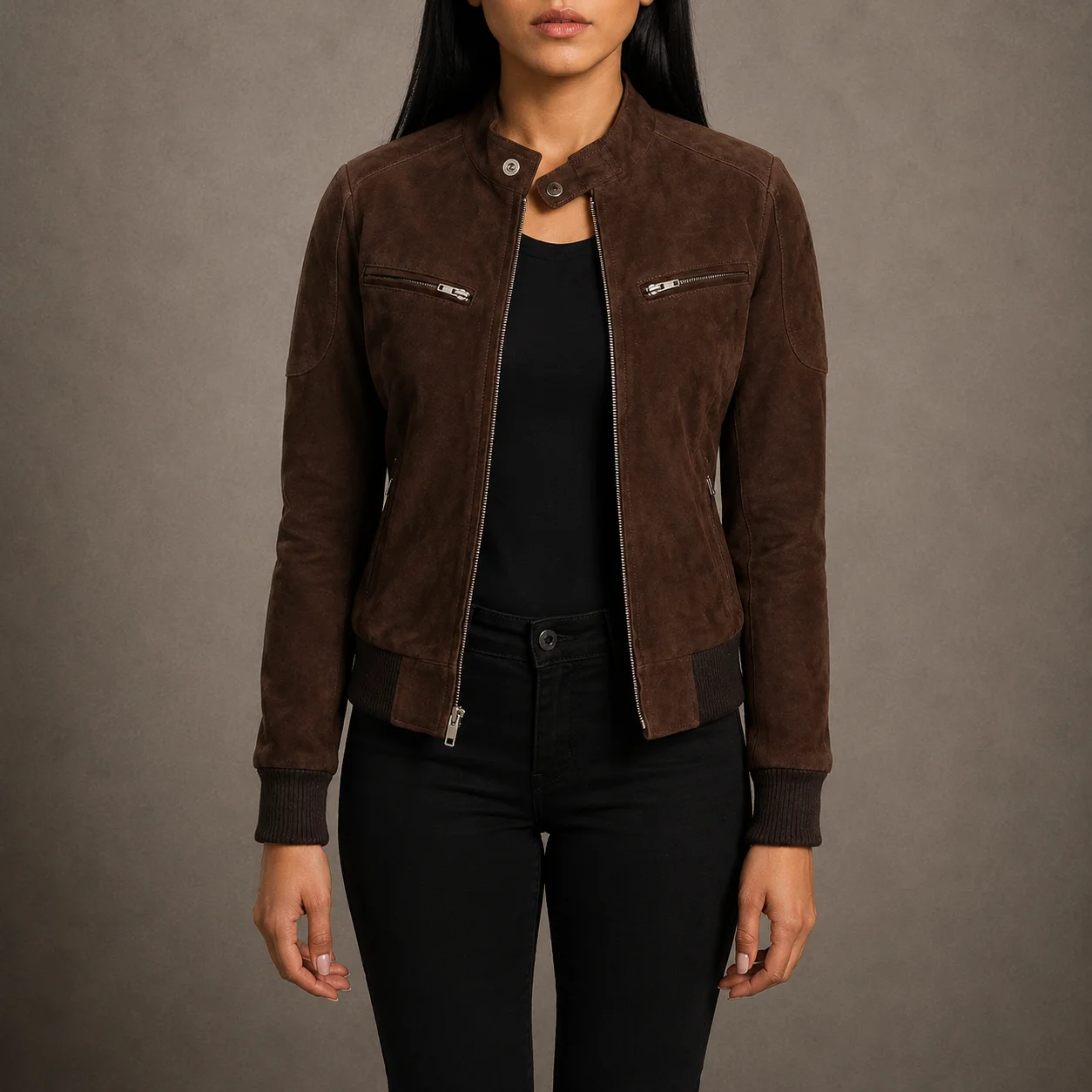 Women's mocha brown genuine goatskin suede bomber jacket with band collar and rib knit cuffs