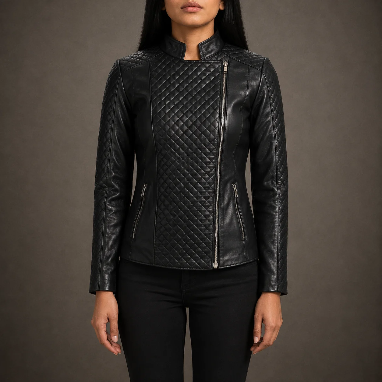 Women’s Nova grain quilted black genuine sheepskin leather biker jacket with band collar and zip cuffs